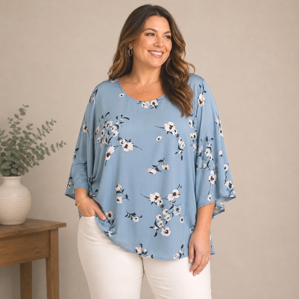 Ellos Size 24 Blue Floral Satin Blouse‎ Kimono Sleeve Flowy Tunic Boho Resort